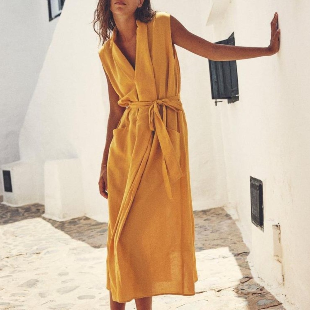 ZARA 💛 Elegant Yellow Sleeveless Dress Belted Midi Dress Linen Mustard
